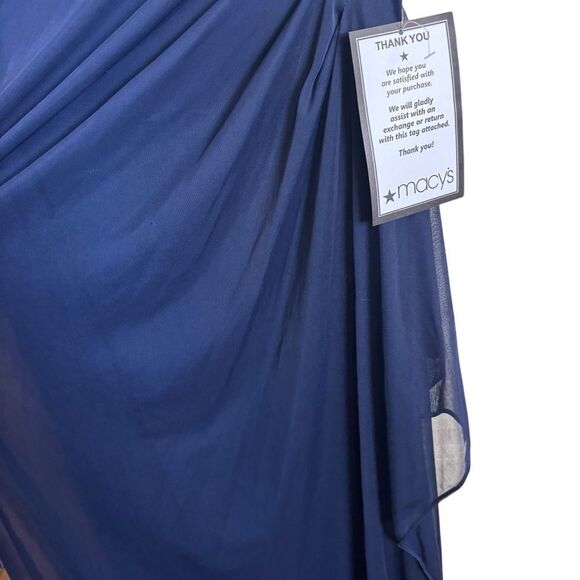 Xscape Stand-Collar Illusion Back Navy Blue Formal Gown Size 16W Ruched Lace NEW - Picture 11 of 16